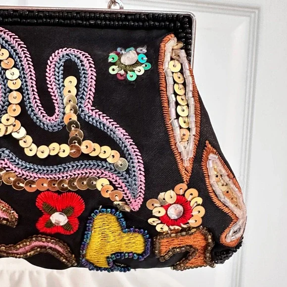 CHATEAU ~ Handmade Embroidered Sequined Black Satin Clutch with Beaded Strap - Picture 7 of 9